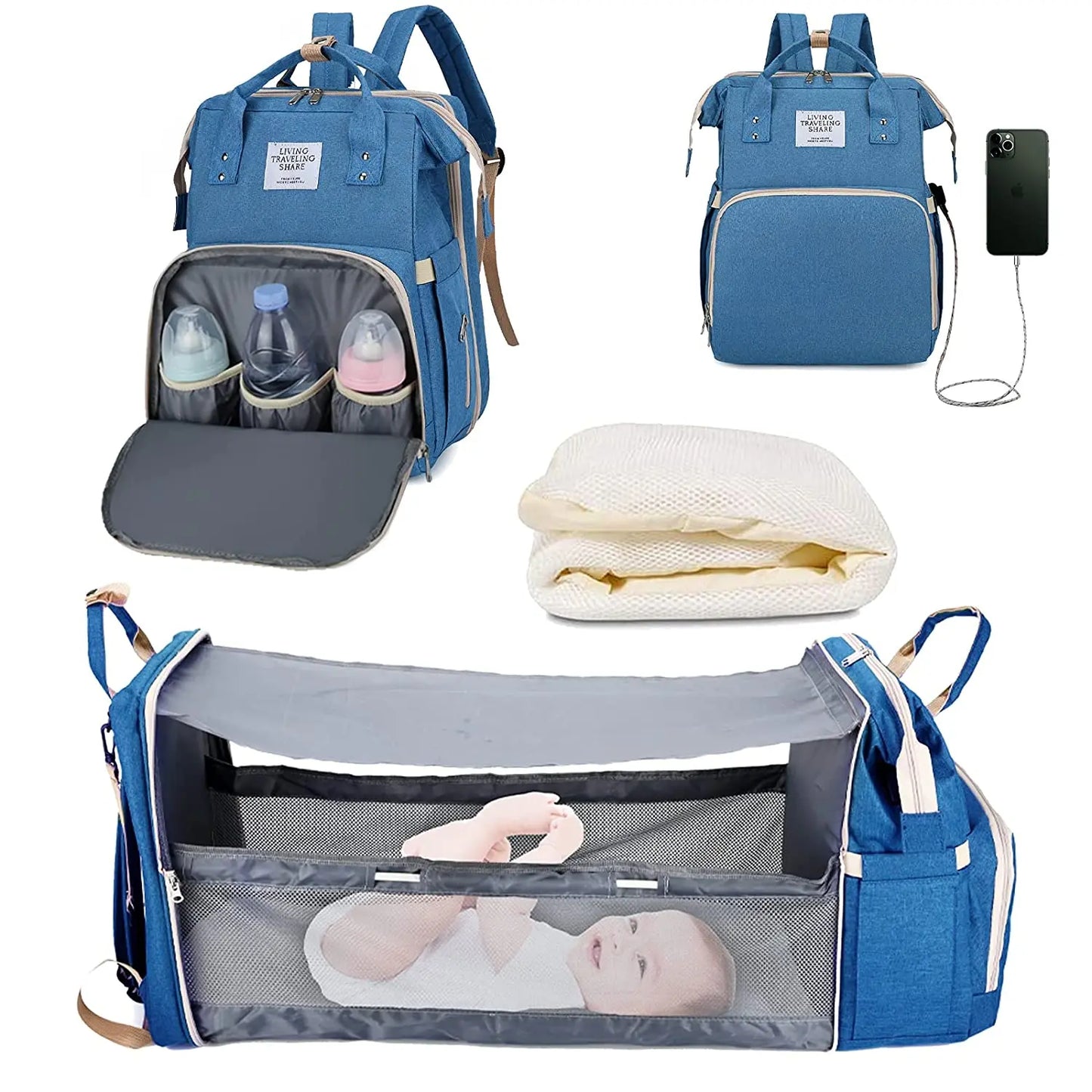 Sac à dos à langer 3 en 1 avec lit bébé pliable et chargement USB