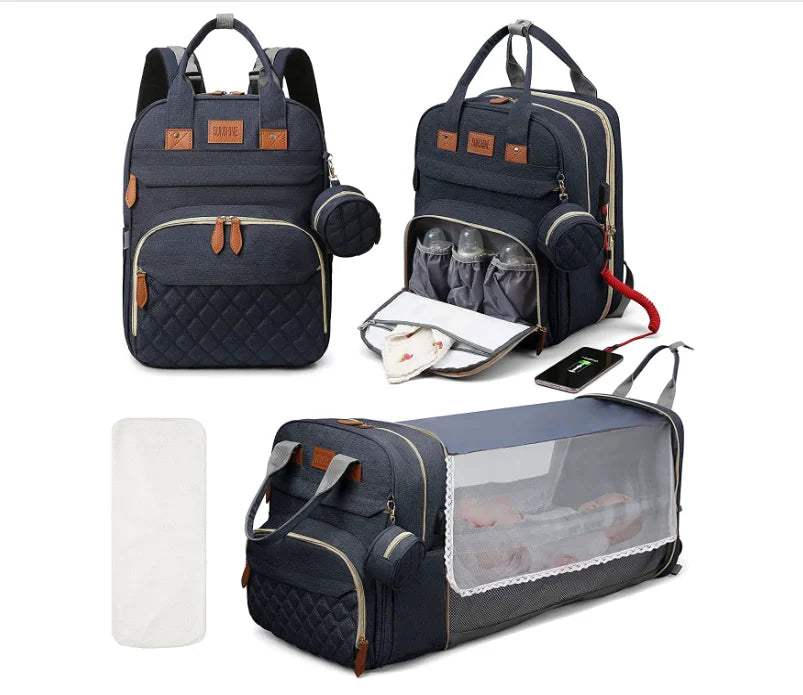 Sac à dos à langer 3 en 1 avec lit bébé pliable et chargement USB