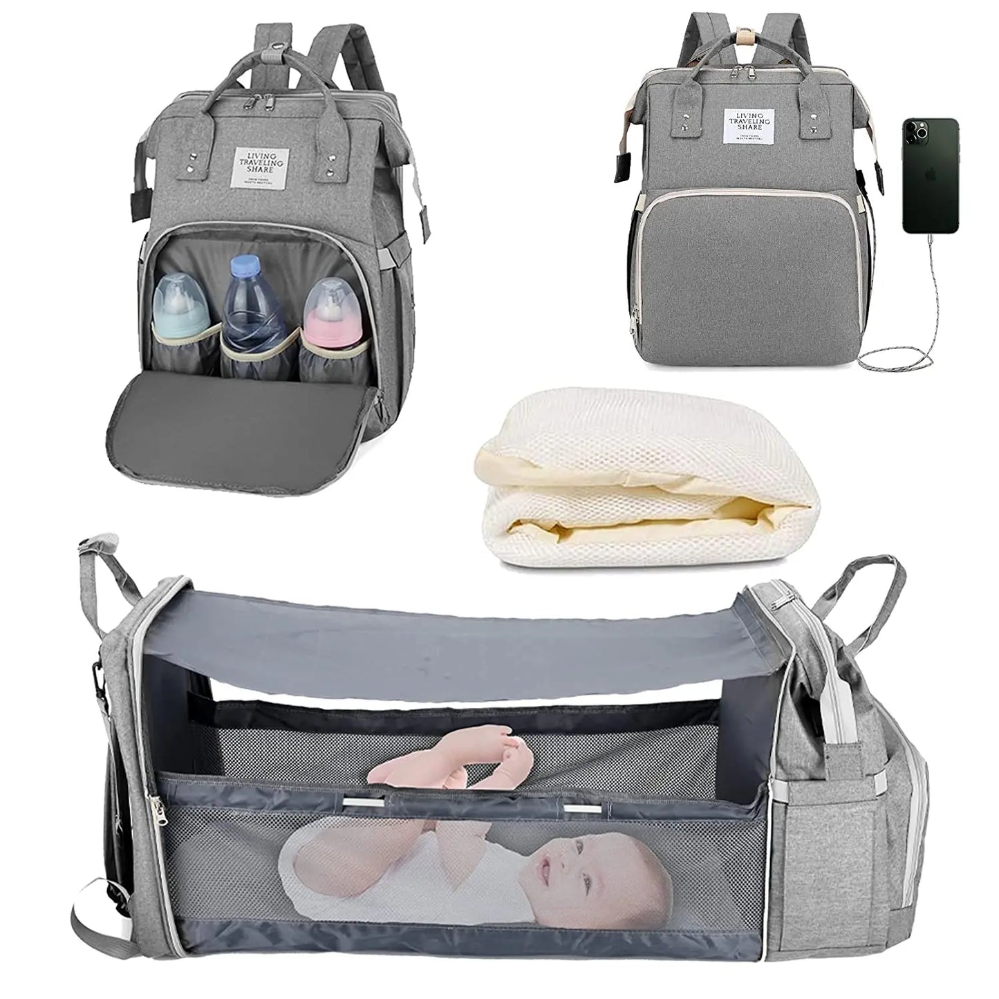Sac à dos à langer 3 en 1 avec lit bébé pliable et chargement USB