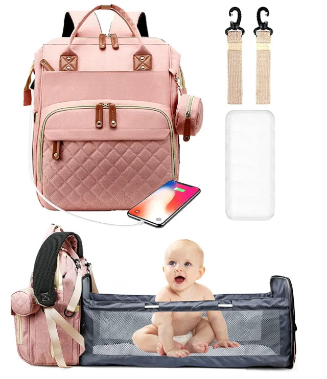 Sac à dos à langer 3 en 1 avec lit bébé pliable et chargement USB