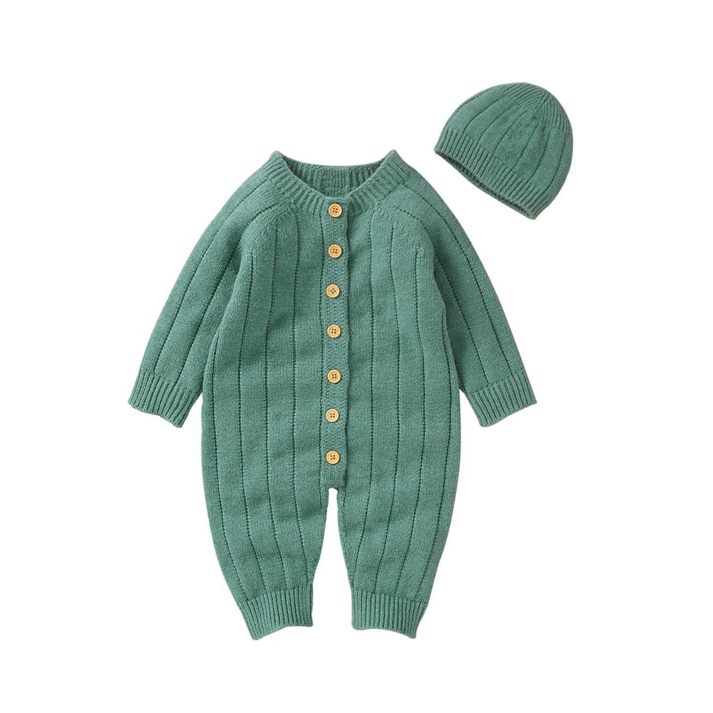 Ensemble barboteuse et bonnet tricotés chauds pour bébé