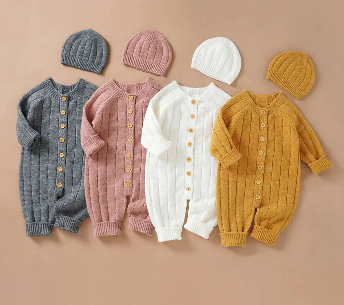 Ensemble barboteuse et bonnet tricotés chauds pour bébé