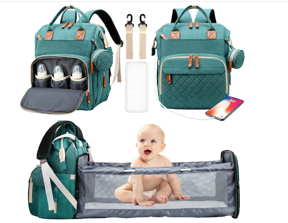 Sac à dos à langer 3 en 1 avec lit bébé pliable et chargement USB