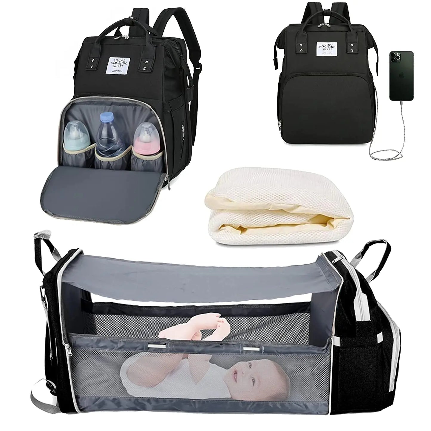 Sac à dos à langer 3 en 1 avec lit bébé pliable et chargement USB