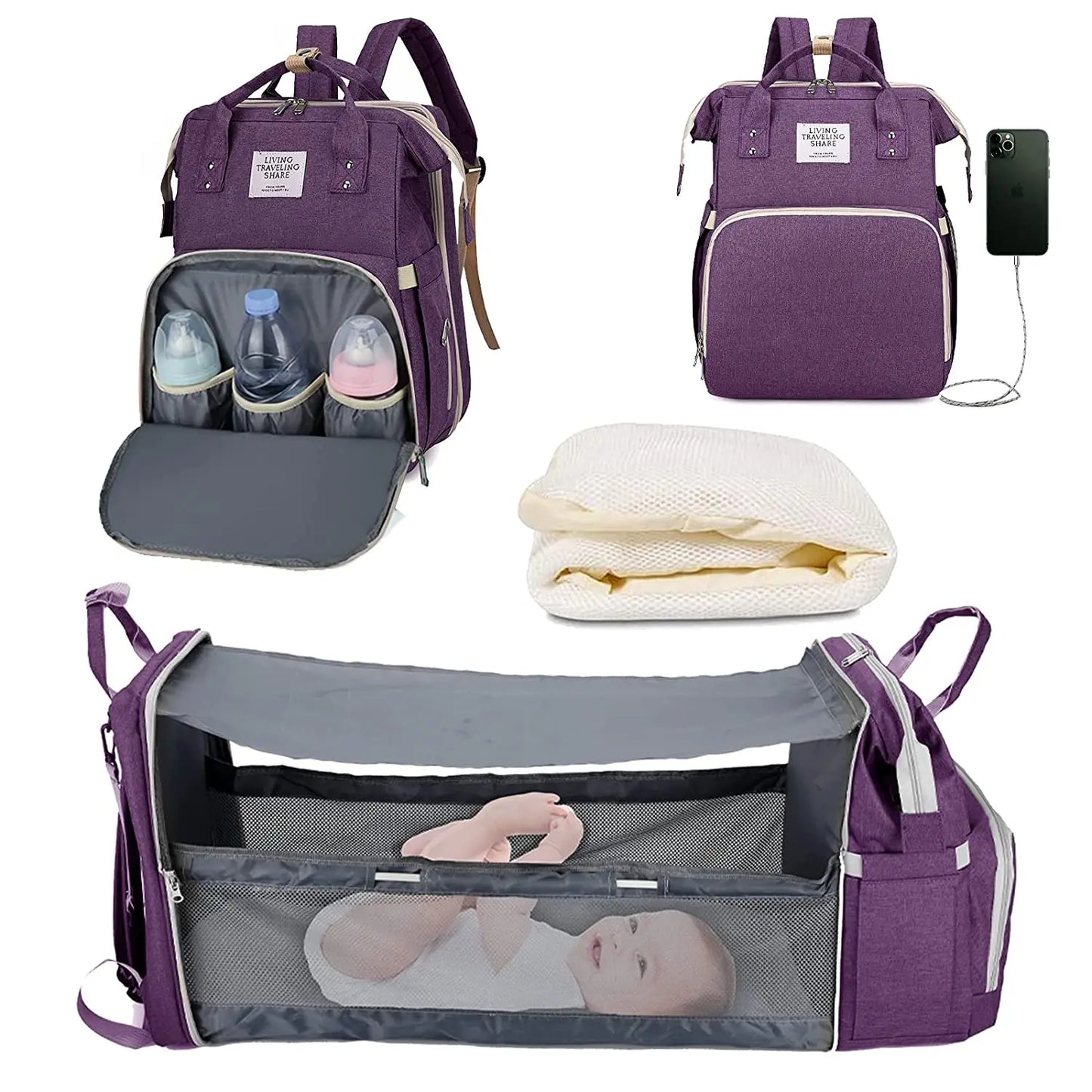 Sac à dos à langer 3 en 1 avec lit bébé pliable et chargement USB