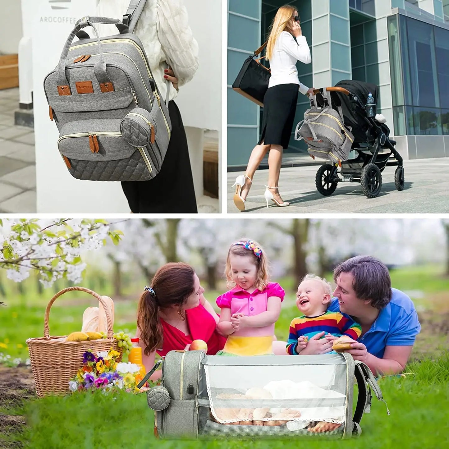 Sac à dos à langer 3 en 1 avec lit bébé pliable et chargement USB