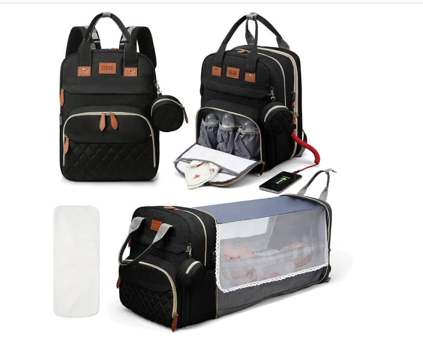 Sac à dos à langer 3 en 1 avec lit bébé pliable et chargement USB