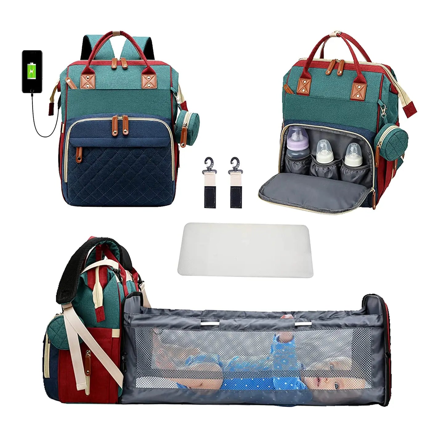 Sac à dos à langer 3 en 1 avec lit bébé pliable et chargement USB