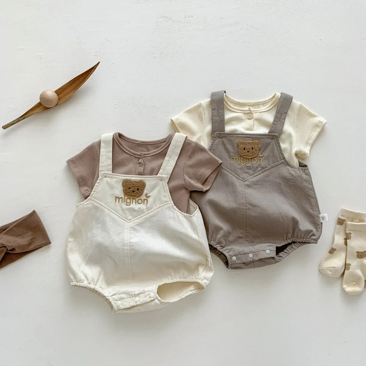 Baby Newborn Clothes Set - Short Sleeve Top & Bodysuit with Cartoon Bear