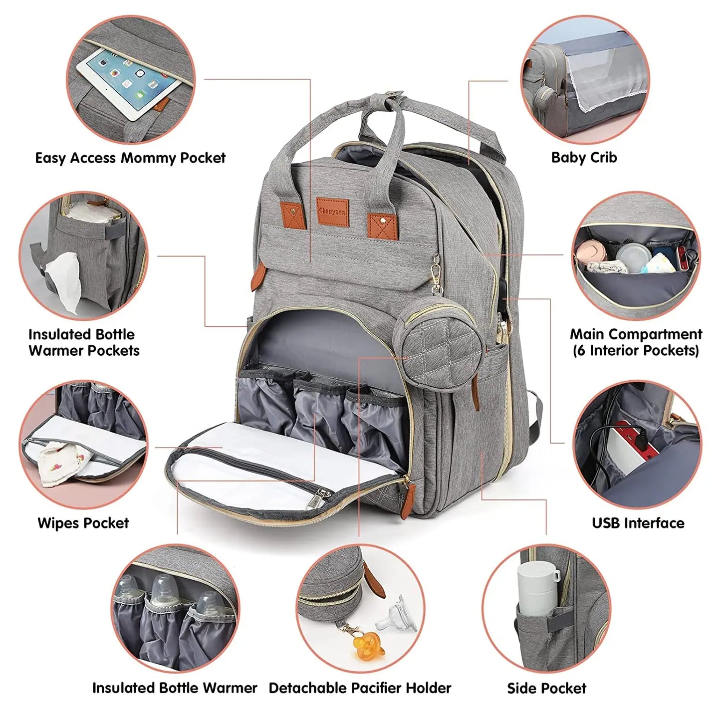 Sac à dos à langer 3 en 1 avec lit bébé pliable et chargement USB