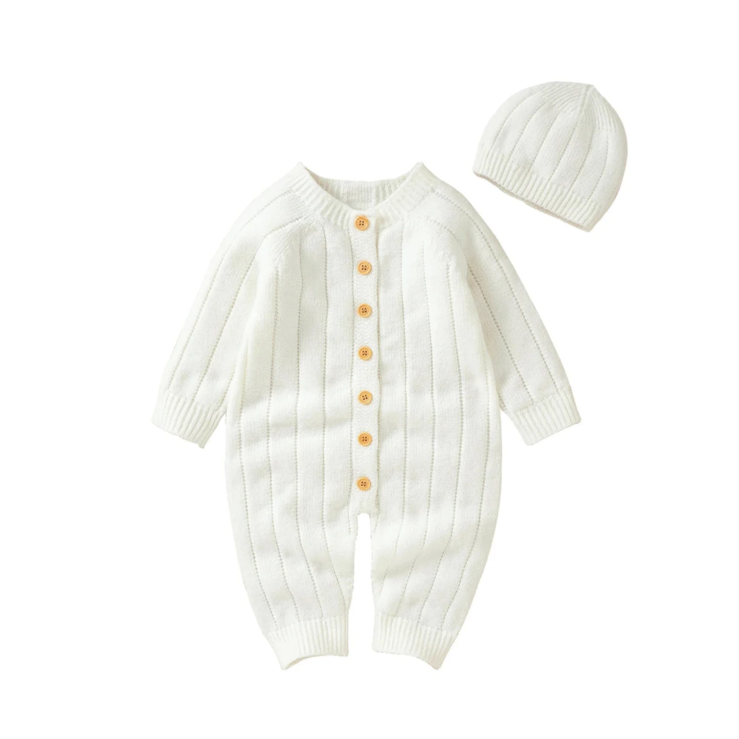 Warme gebreide babyromper en mutsset