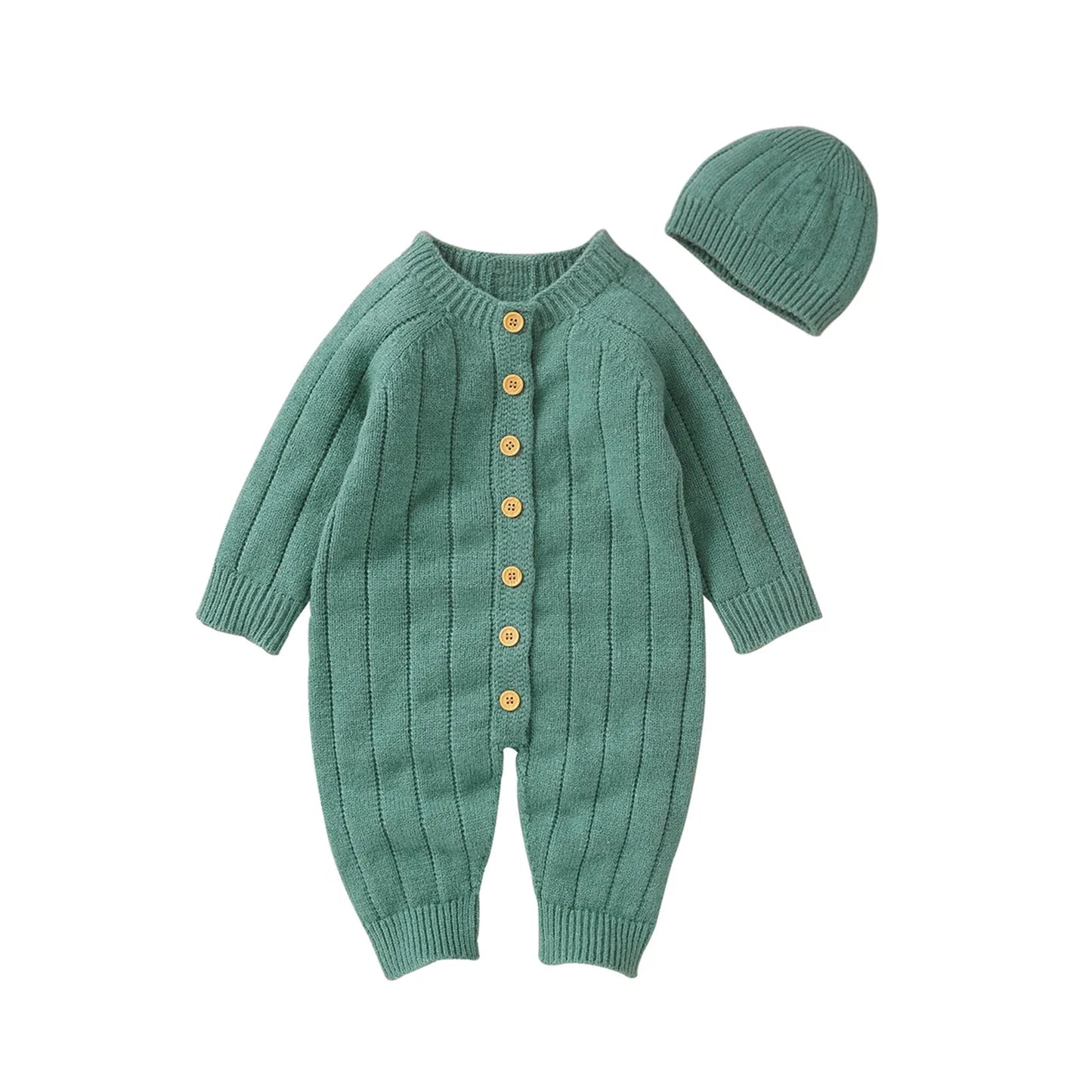 Warme gebreide babyromper en mutsset