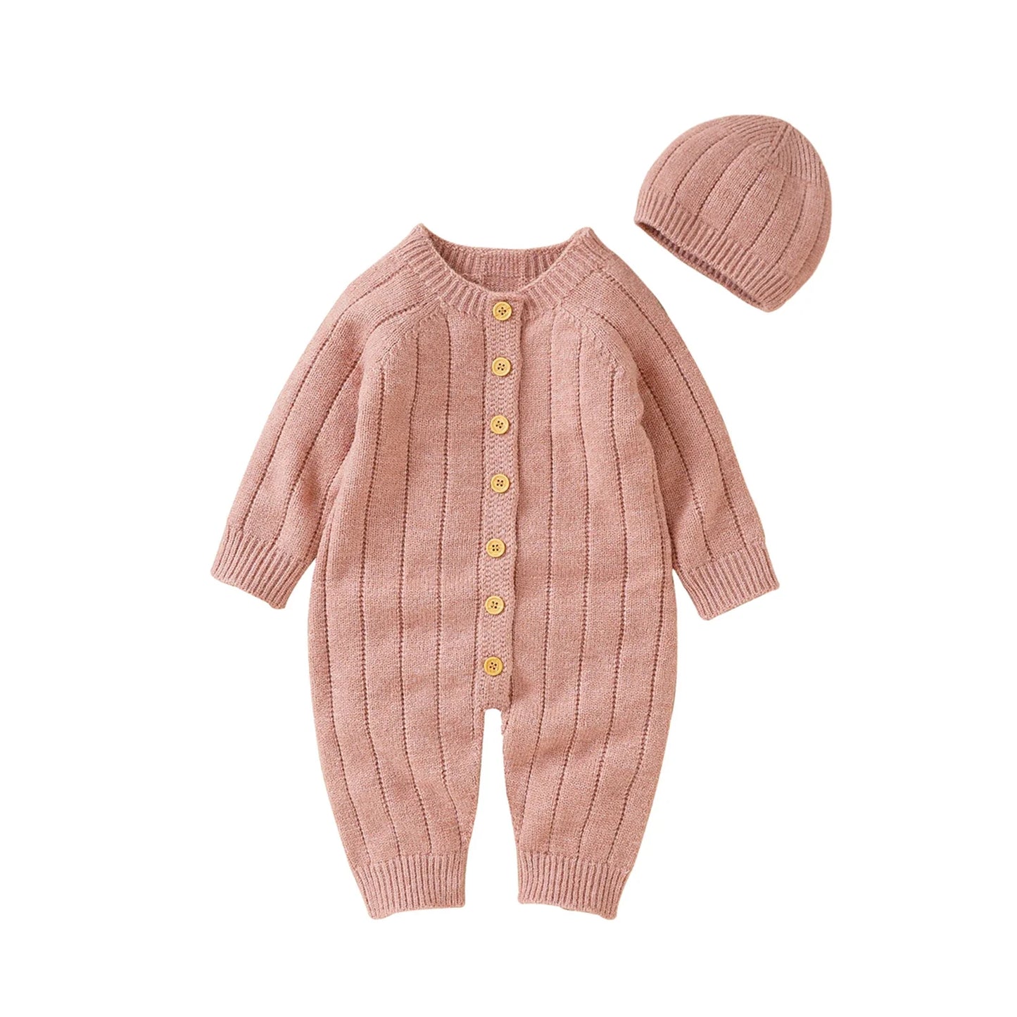 Warme gebreide babyromper en mutsset